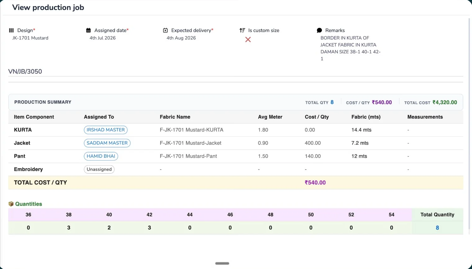 Avyaan ERP production job screen showing the cost per piece before cutting