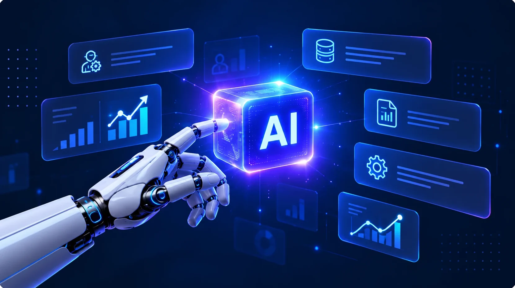 A robotic hand touching a glowing AI cube surrounded by charts, data and settings panels