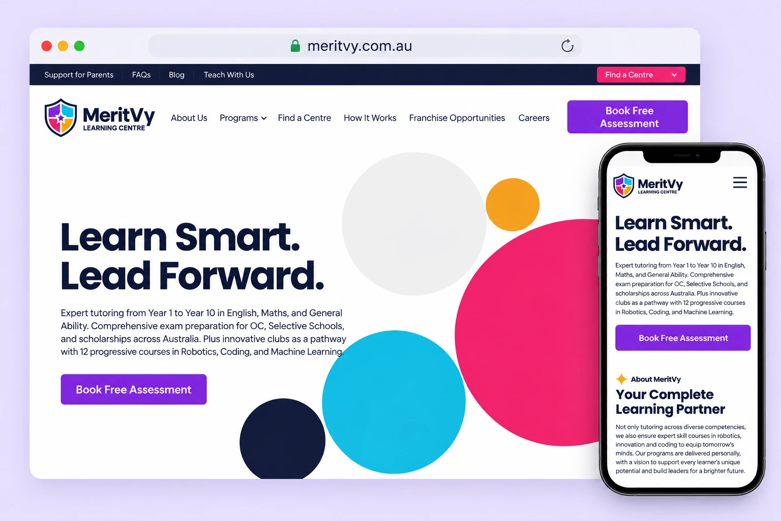 The MeritVy website (meritvy.com.au) on a laptop and a phone